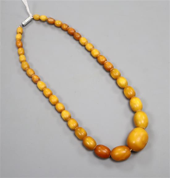 A single strand graduated oval amber bead necklace, gross weight 26 grams, 40cm.
